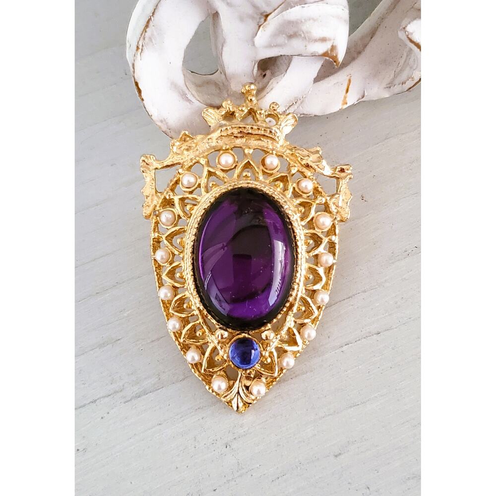 Vintage Purple Stone and Faux Pearl Crown Brooch